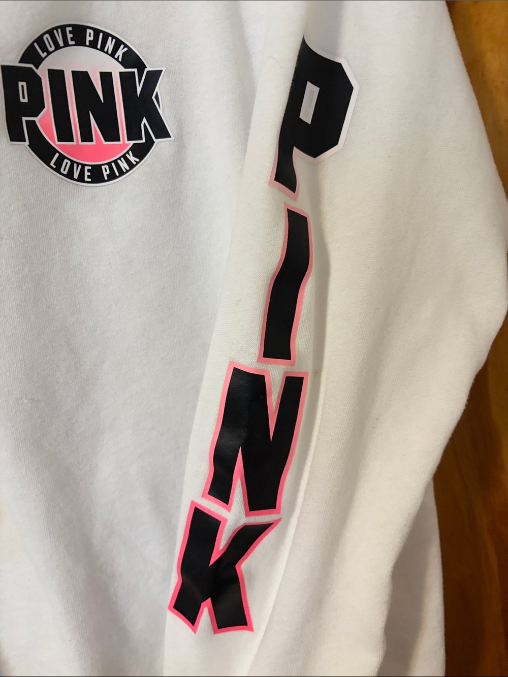 PINK Victoria's Secret White Long-Sleeve Crew with Pink & Black Logos - Picture 5 of 7